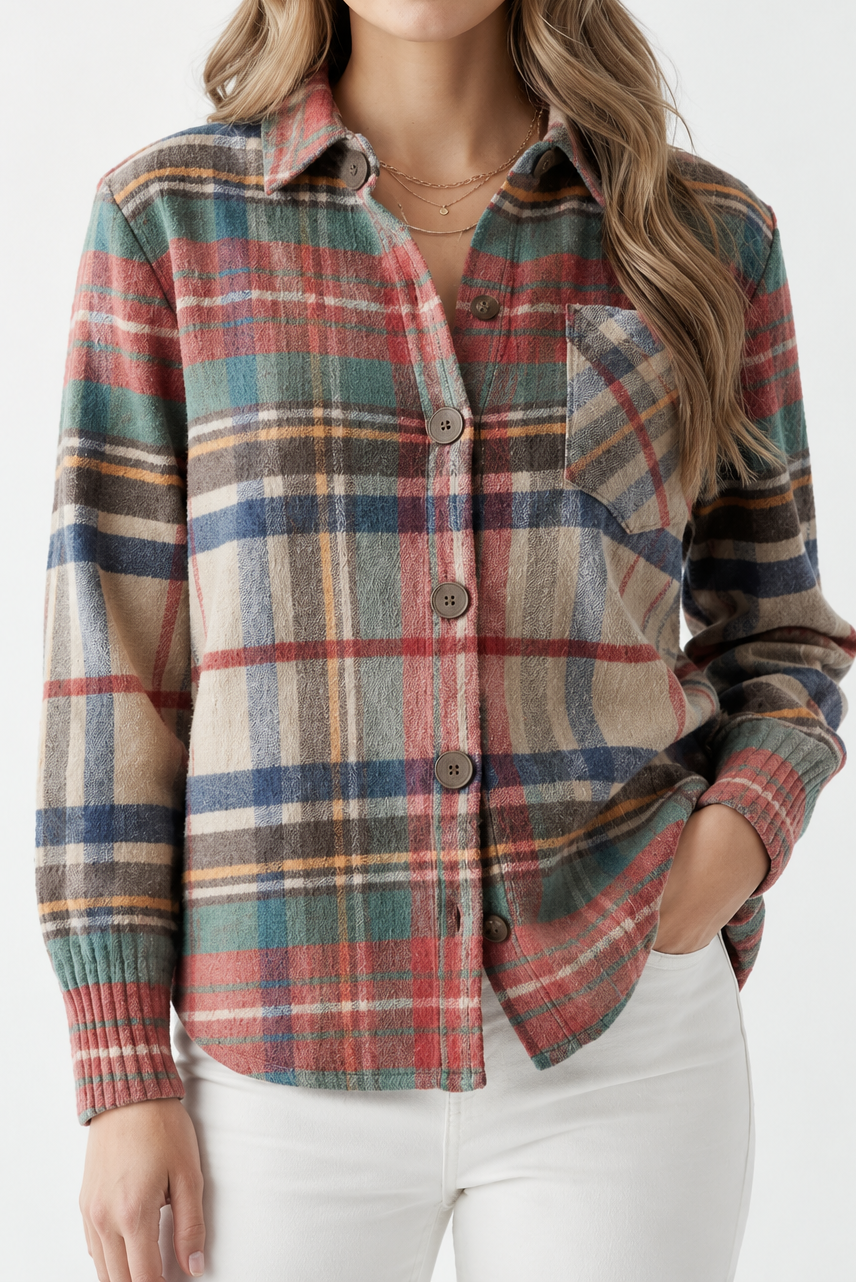 Landhaus-Charme Damenstrickjacke im Grün-Rot-Karo