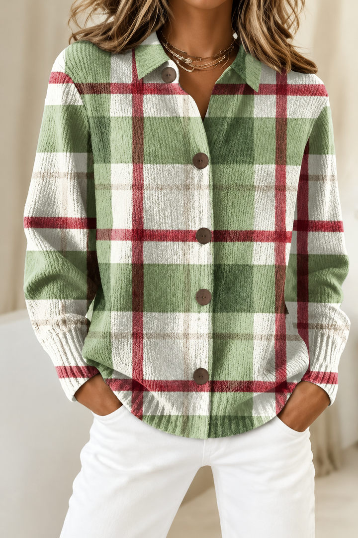 Frische Damenstrickjacke im Grün-Rot-Karo