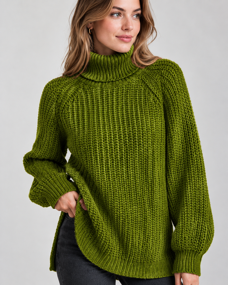 Klassischer Damen-Rollkragenpullover mit Rippstrick | Bohnengrün