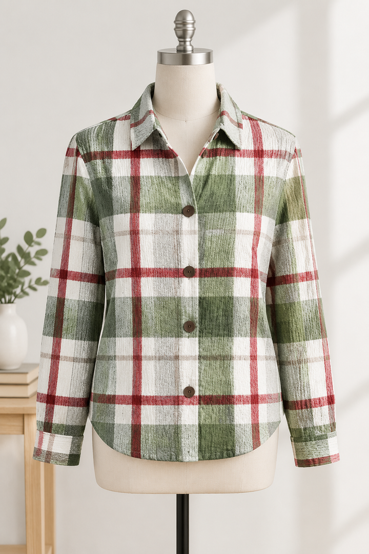 Frische Damenstrickjacke im Grün-Rot-Karo