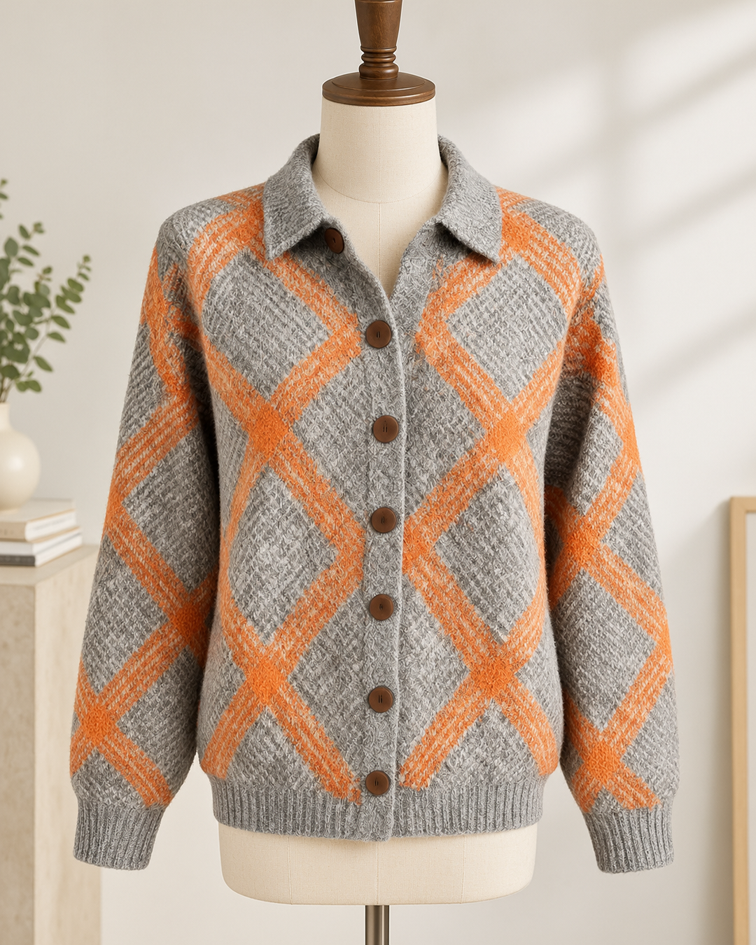 Graue Damenstrickjacke mit orangefarbenem Rautenmuster