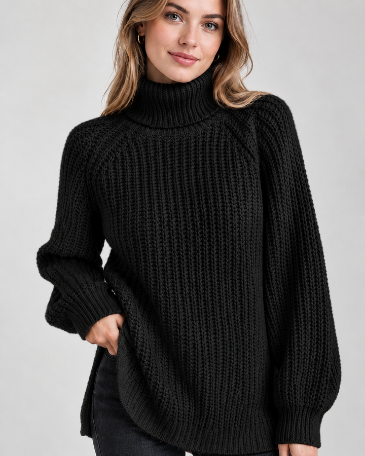 Klassischer Damen-Rollkragenpullover mit Rippstrick | Schwarz