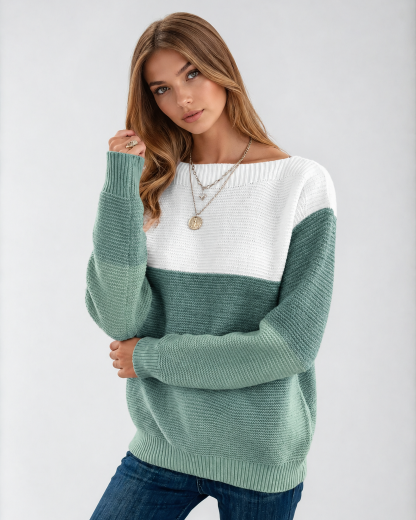 Grüner Strickpullover im Patchwork-Design