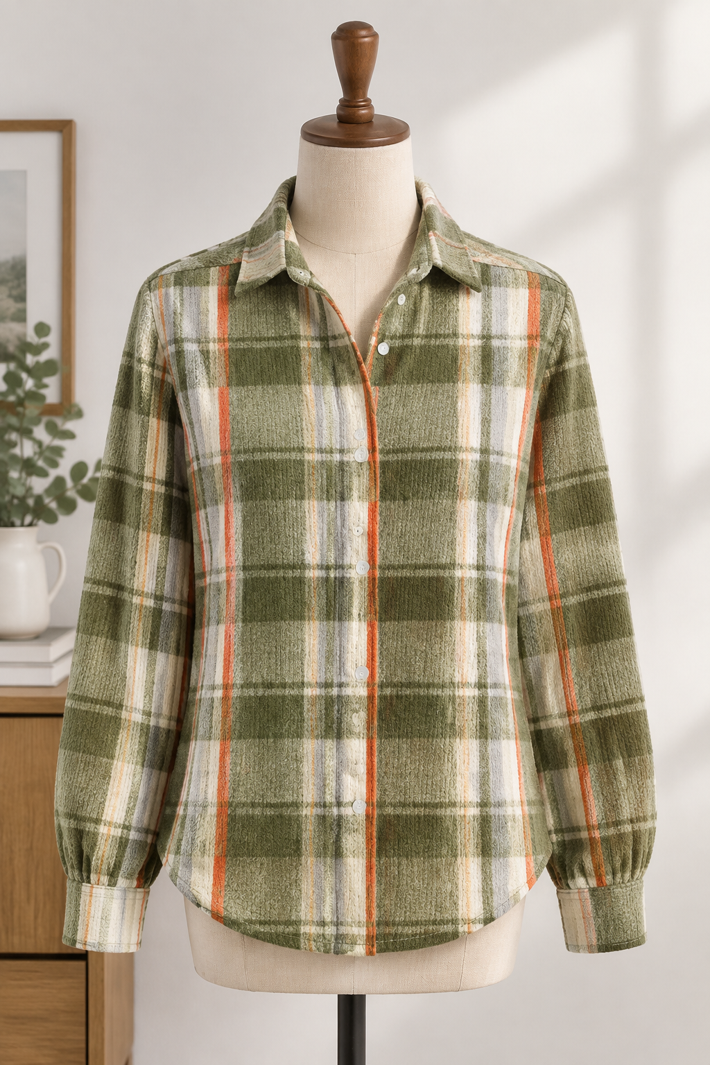 Herbstgrüne Damenstrickjacke im Karomuster