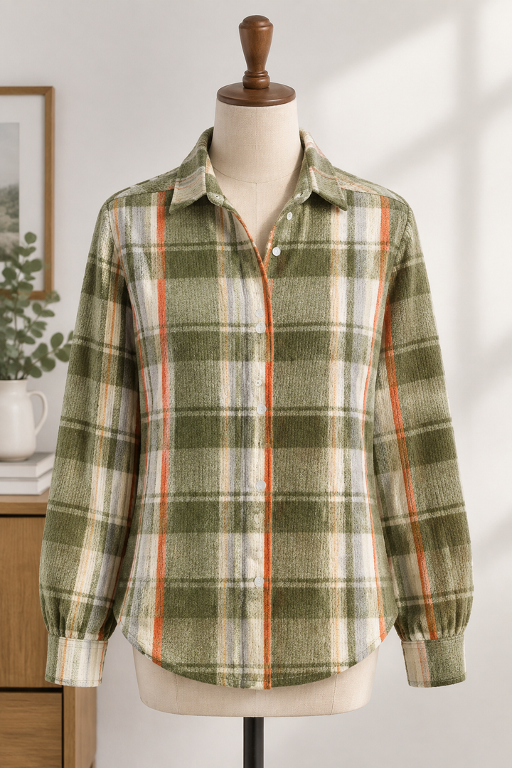 Herbstgrüne Damenstrickjacke im Karomuster