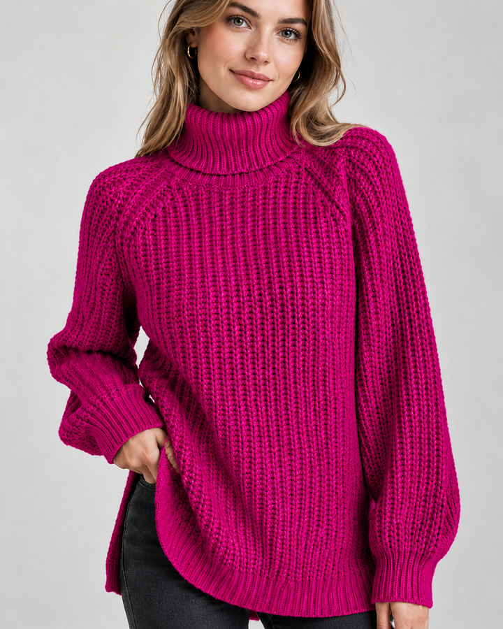 Klassischer Damen-Rollkragenpullover mit Rippstrick | Rosarot