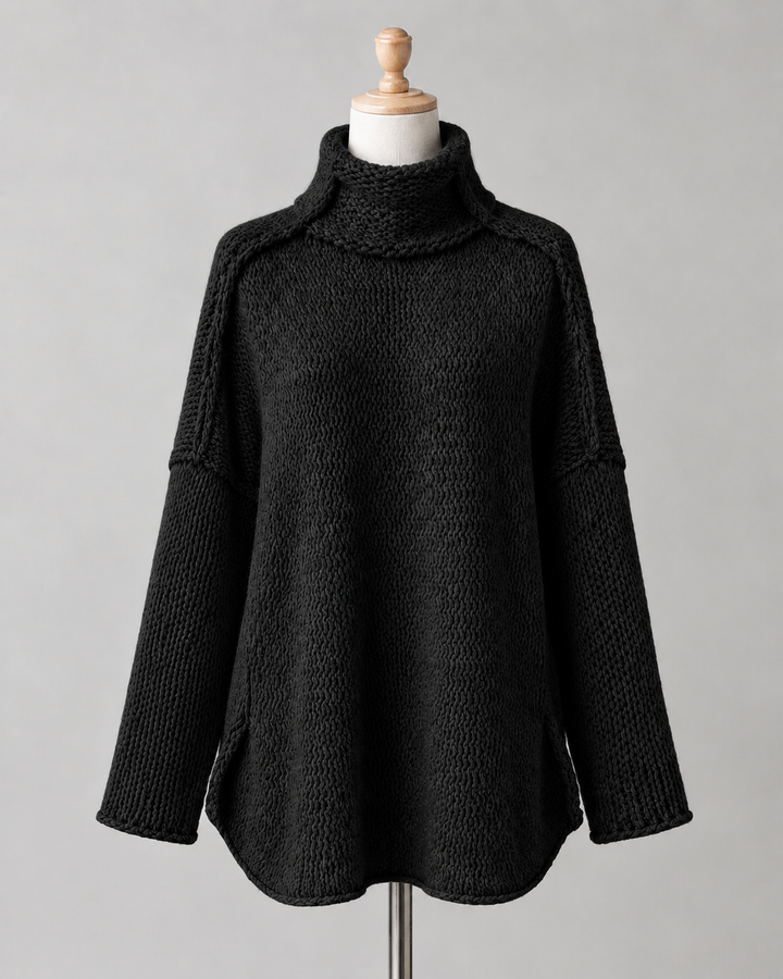 Gemütlicher langer Damenstrickpullover | Schwarz