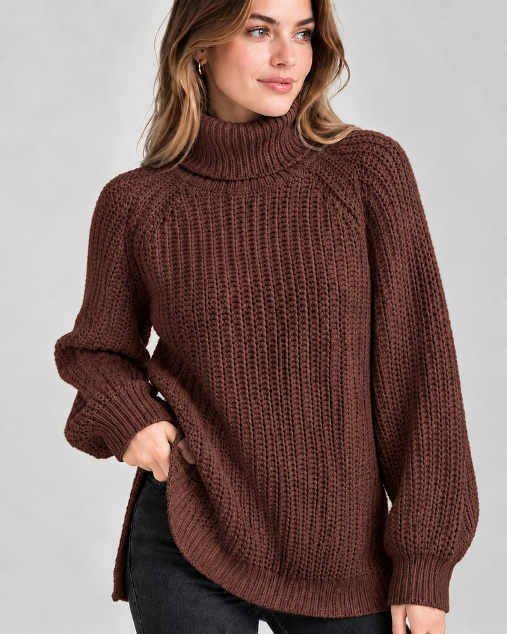 Klassischer Damen-Rollkragenpullover mit Rippstrick | Braun