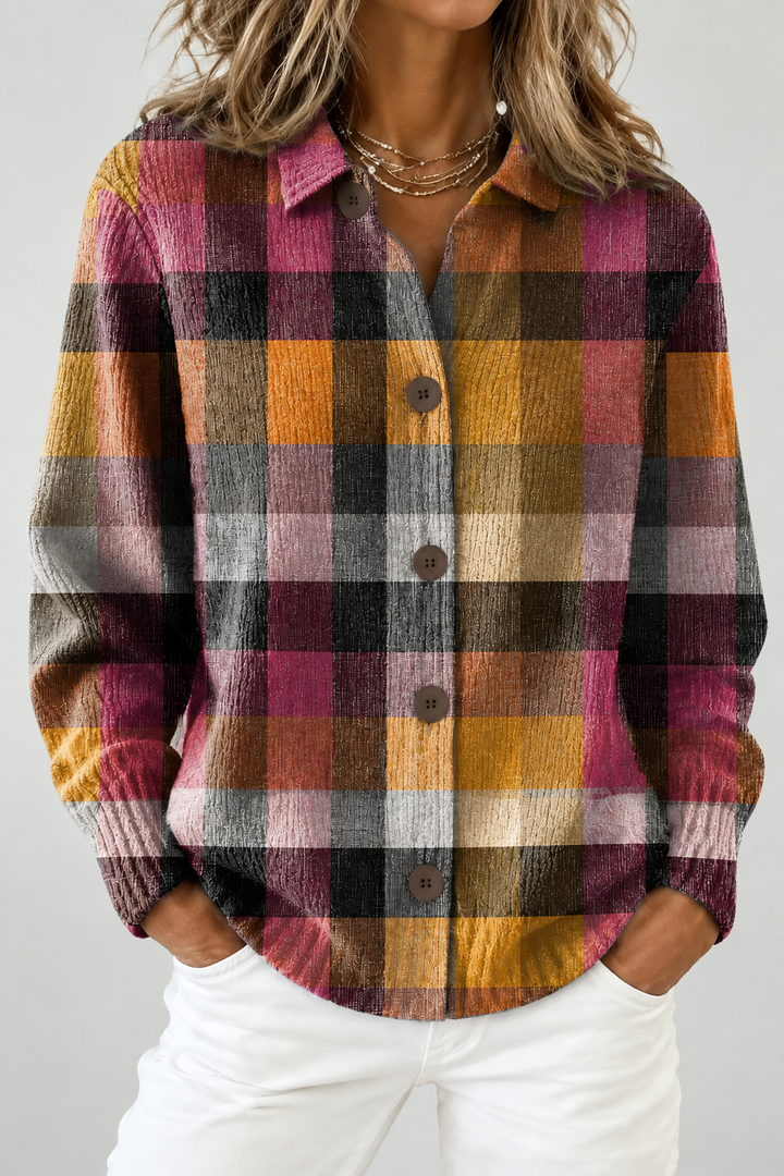 Herbstfarben Damenstrickjacke im Karo-Look