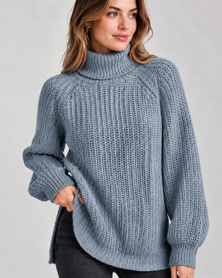 Klassischer Damen-Rollkragenpullover mit Rippstrick | Hellblau