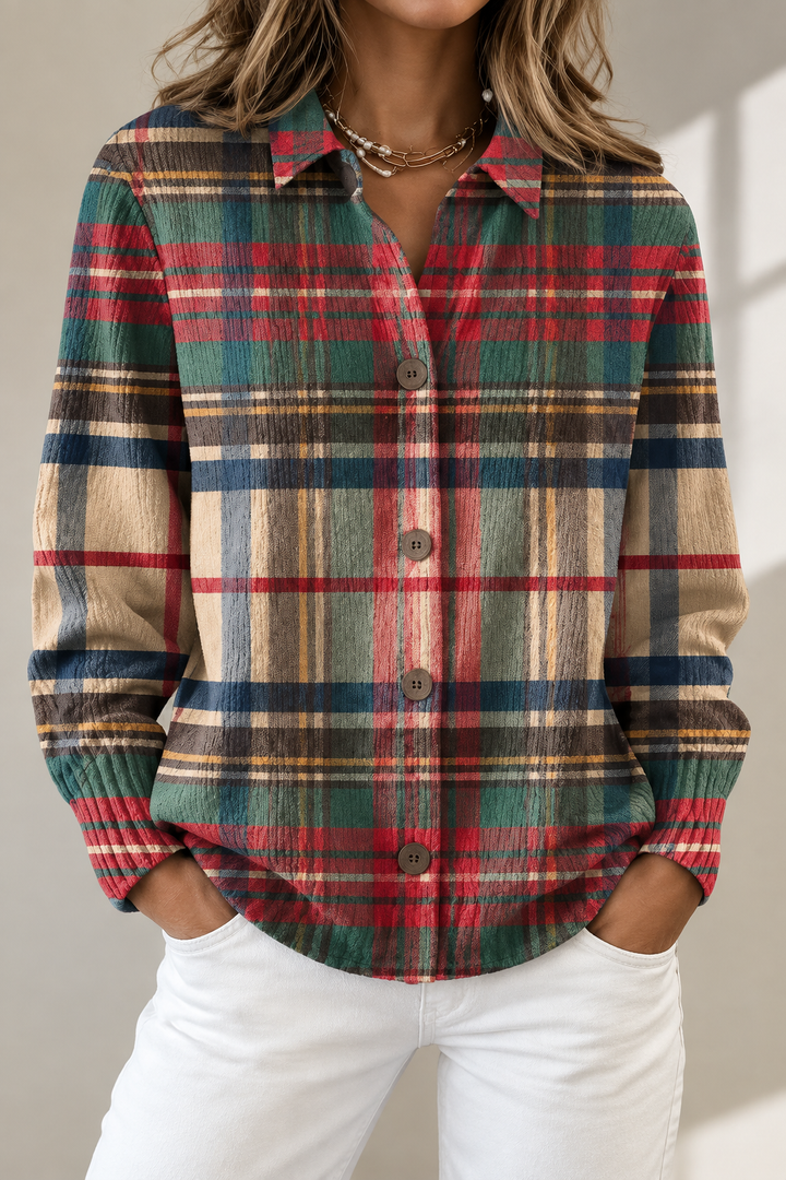 Heritage Damenstrickjacke im Rot-Grün-Karo