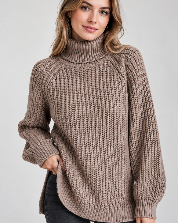 Klassischer Damen-Rollkragenpullover mit Rippstrick | Khaki