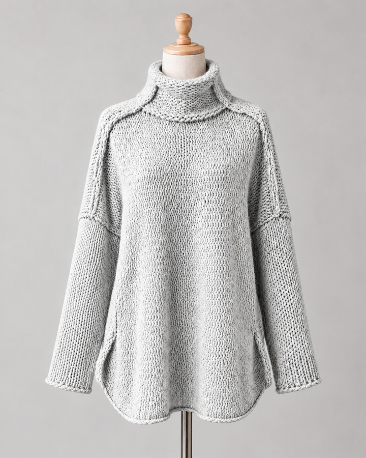 Gemütlicher langer Damenstrickpullover | Hellgrau
