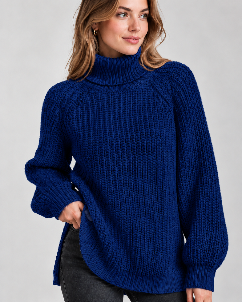 Klassischer Damen-Rollkragenpullover mit Rippstrick | Dunkelblau