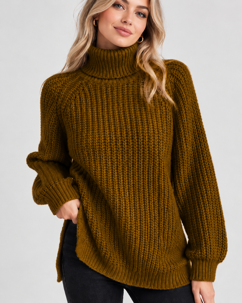 Klassischer Damen-Rollkragenpullover mit Rippstrick | Camel