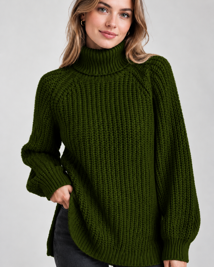 Klassischer Damen-Rollkragenpullover mit Rippstrick | Armeegrün