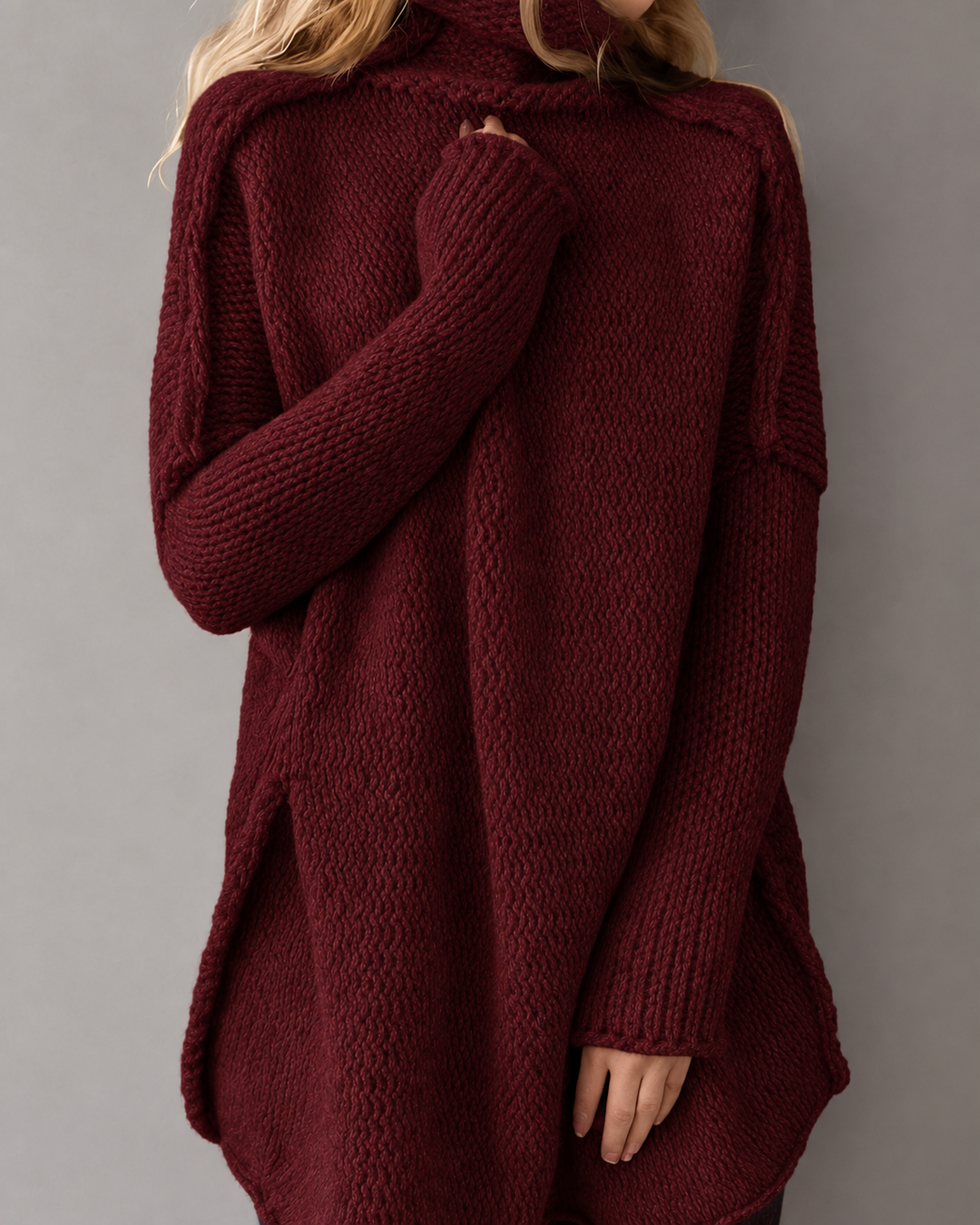 Gemütlicher langer Damenstrickpullover | Dunkelrot