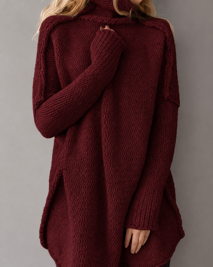 Gemütlicher langer Damenstrickpullover | Dunkelrot