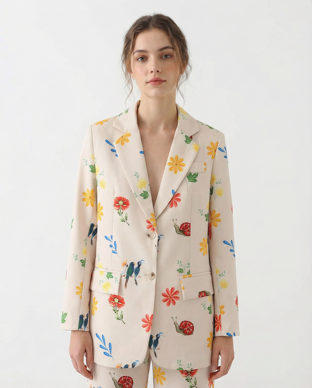 Blazer mit Blumen- und Vogelmuster