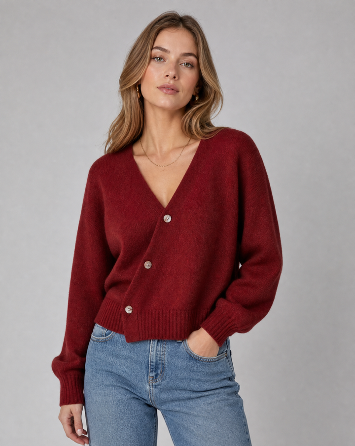 Frauen V-Ausschnitt Wollmischpullover mit Kreuzknopf