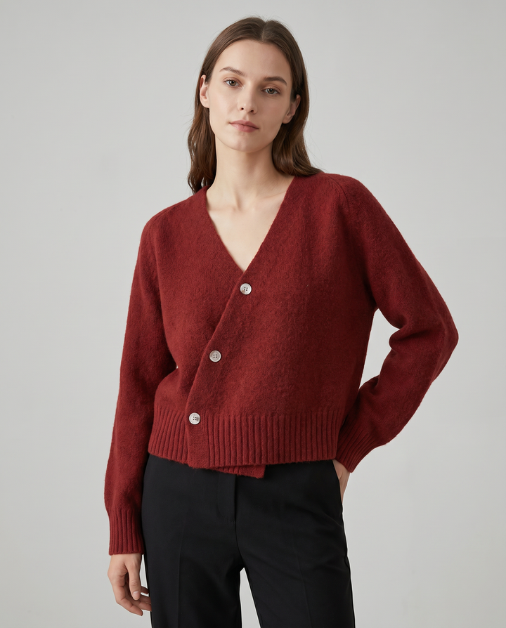 Frauen V-Ausschnitt Wollmischpullover mit Kreuzknopf