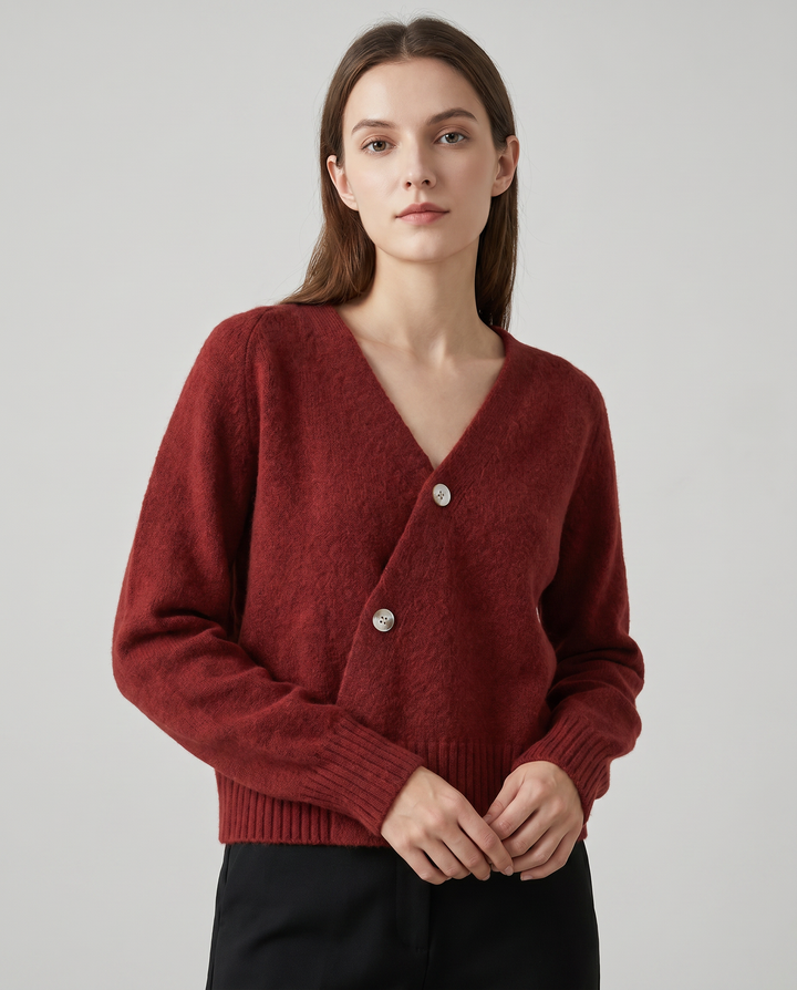 Frauen V-Ausschnitt Wollmischpullover mit Kreuzknopf