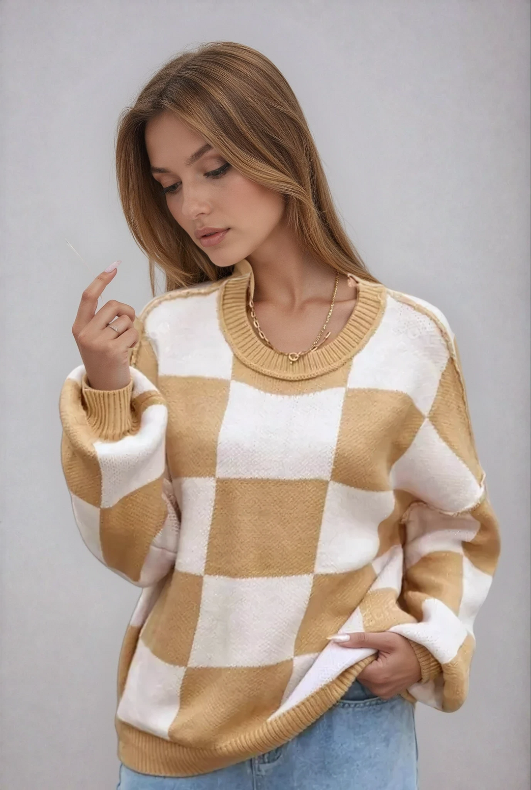 Gestreifter Damen Strickpullover im Karomuster