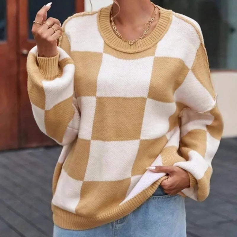Gestreifter Damen Strickpullover im Karomuster