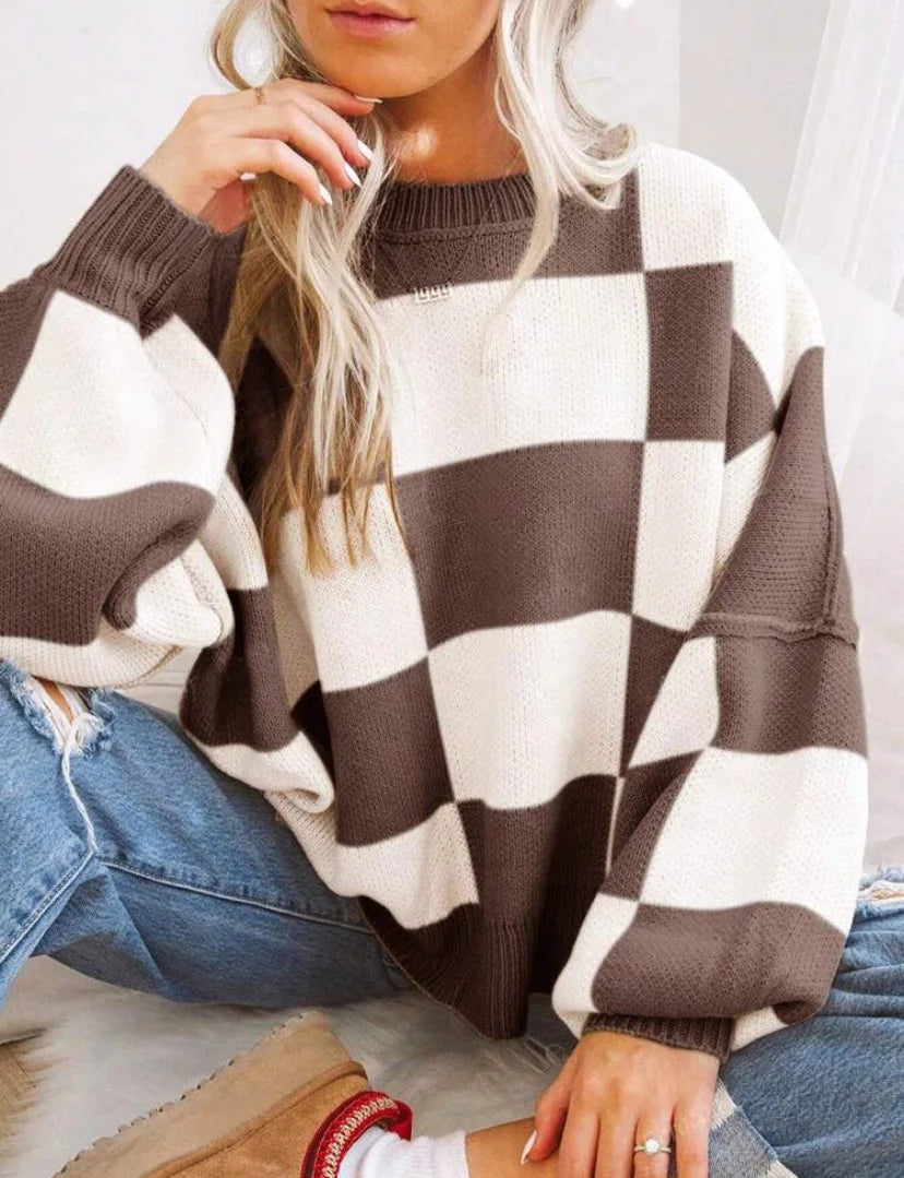 Gestreifter Damen Strickpullover im Karomuster