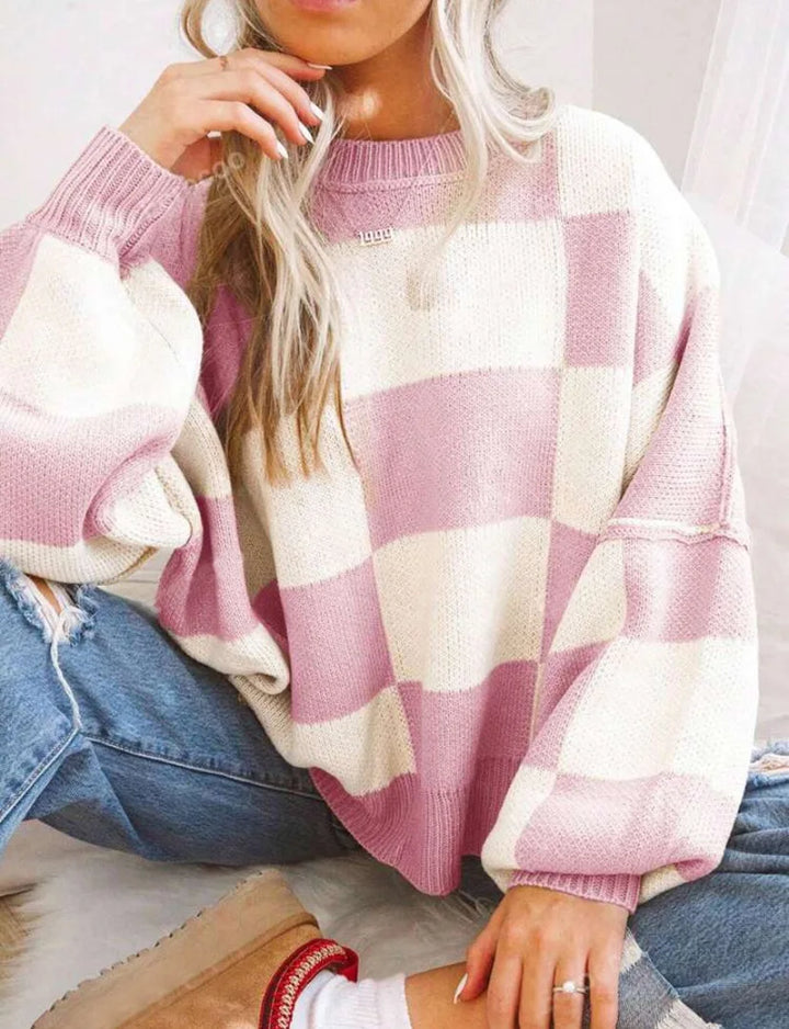 Gestreifter Damen Strickpullover im Karomuster