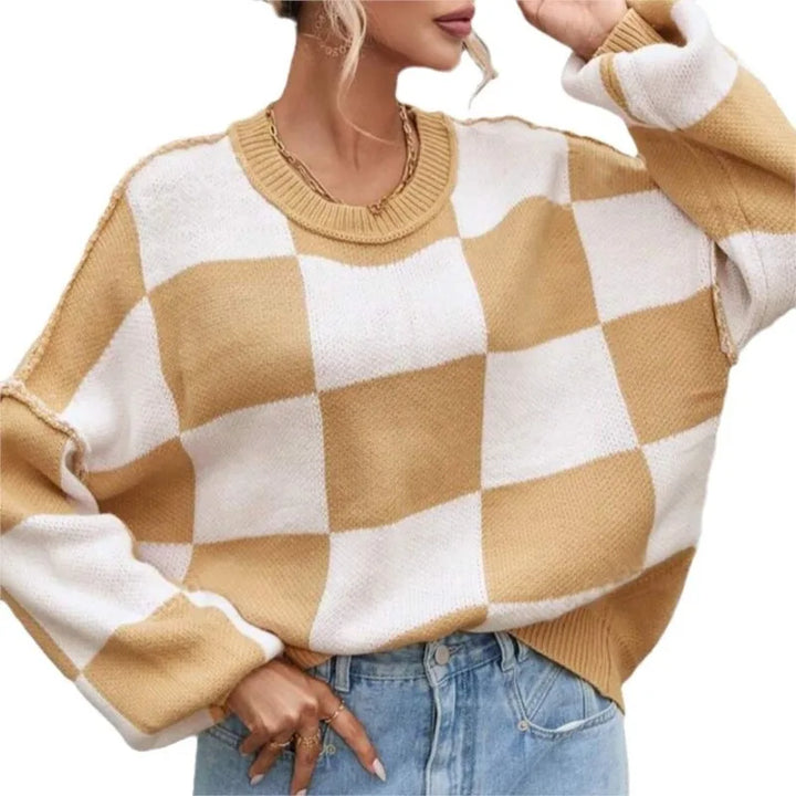 Gestreifter Damen Strickpullover im Karomuster