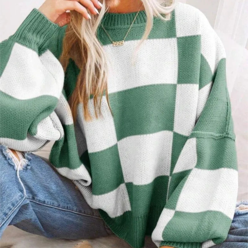 Gestreifter Damen Strickpullover im Karomuster
