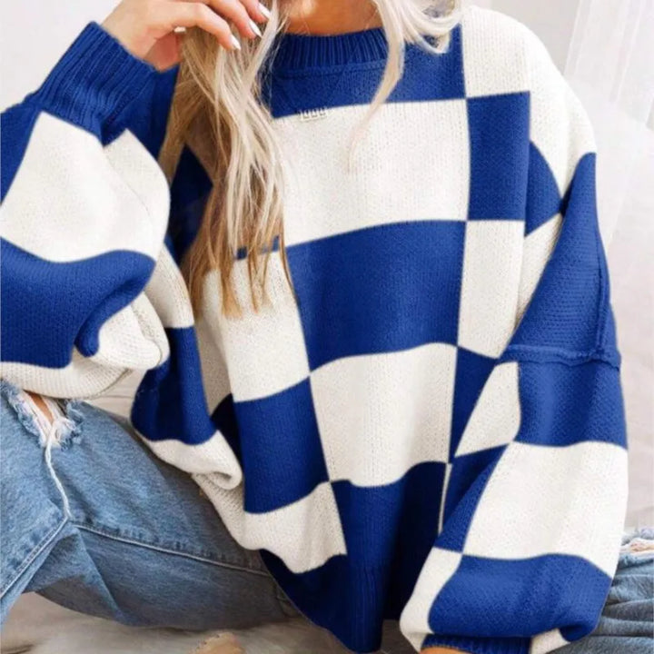 Gestreifter Damen Strickpullover im Karomuster