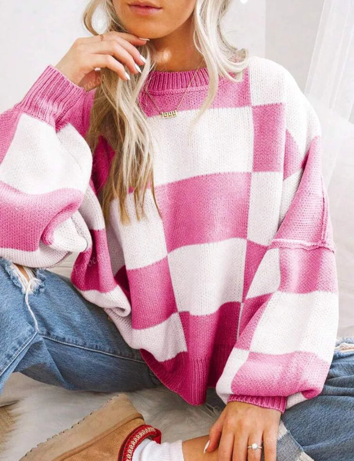 Gestreifter Damen Strickpullover im Karomuster