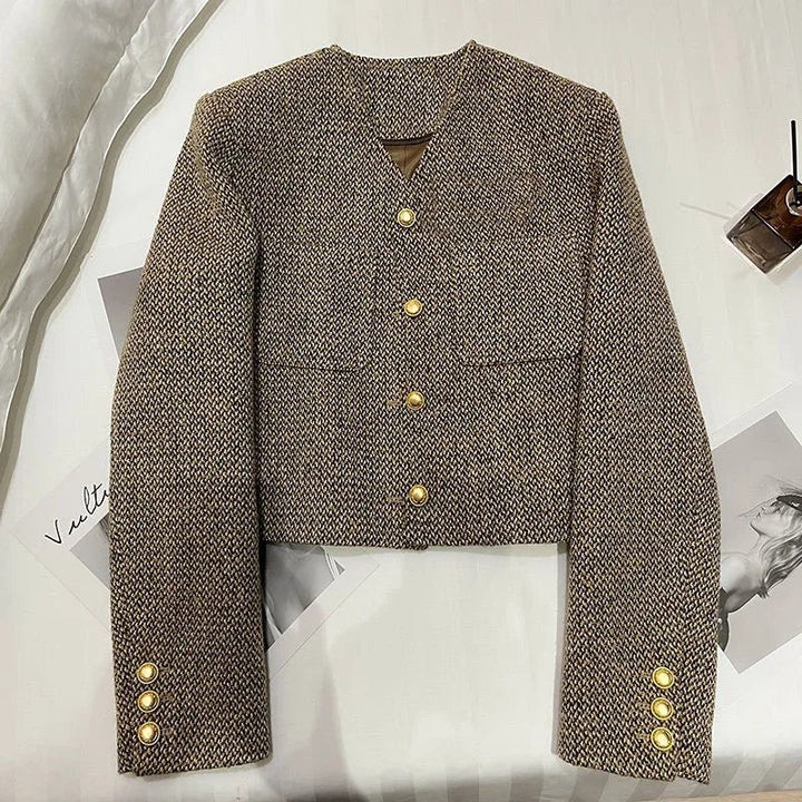 Kurzer Boxy Blazer – Tweed-Jacke mit goldenen Knöpfen