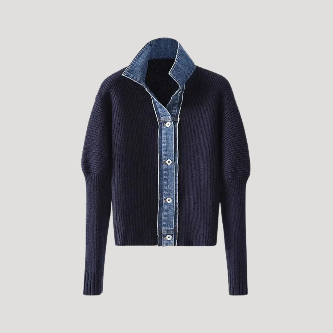 Marineblaue Damen-Strickjacke mit Jeansdetails
