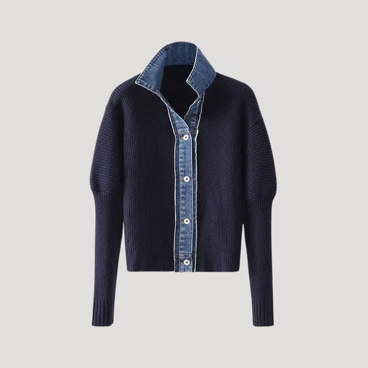 Marineblaue Damen-Strickjacke mit Jeansdetails