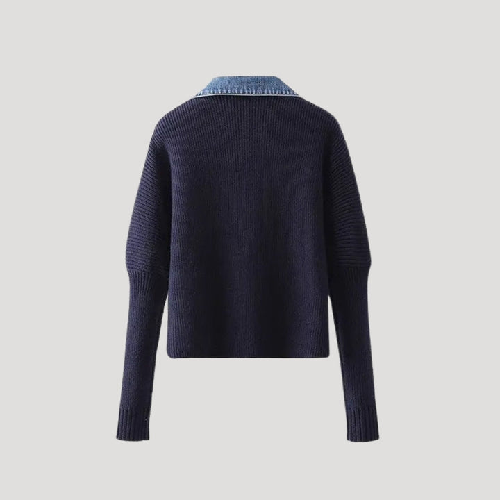 Marineblaue Damen-Strickjacke mit Jeansdetails