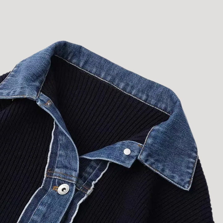 Marineblaue Damen-Strickjacke mit Jeansdetails