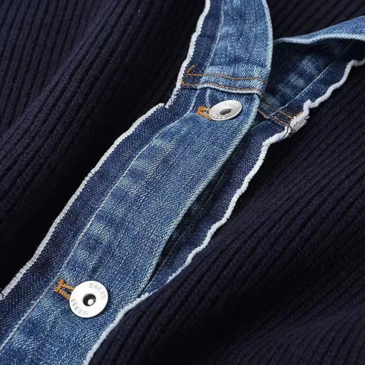 Marineblaue Damen-Strickjacke mit Jeansdetails