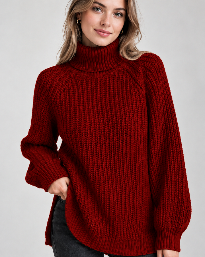 Klassischer Damen-Rollkragenpullover mit Rippstrick | Burgunderrot