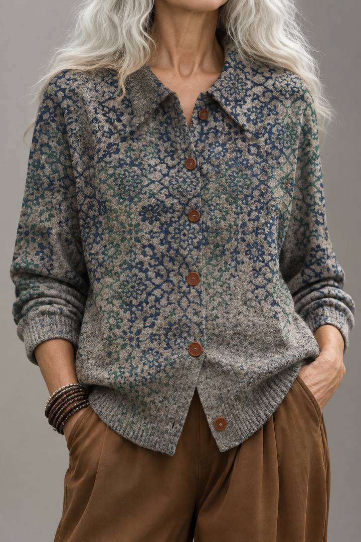 Vintage-Charme Damenstrickjacke in Taupe mit Blumenmuster