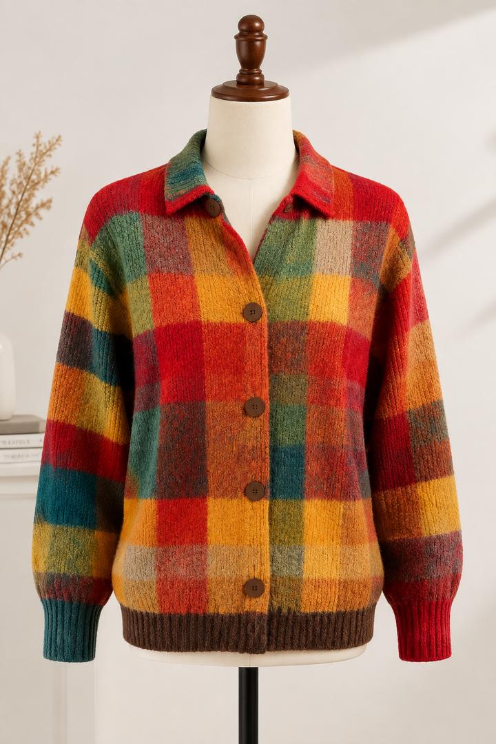 Farbenfrohe Damenstrickjacke im Patchwork-Karo