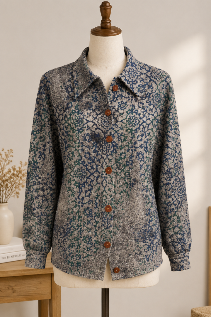 Vintage-Charme Damenstrickjacke in Taupe mit Blumenmuster
