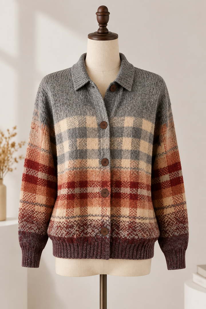 Herbstzauber Damenstrickjacke im Grau-Rost-Karo