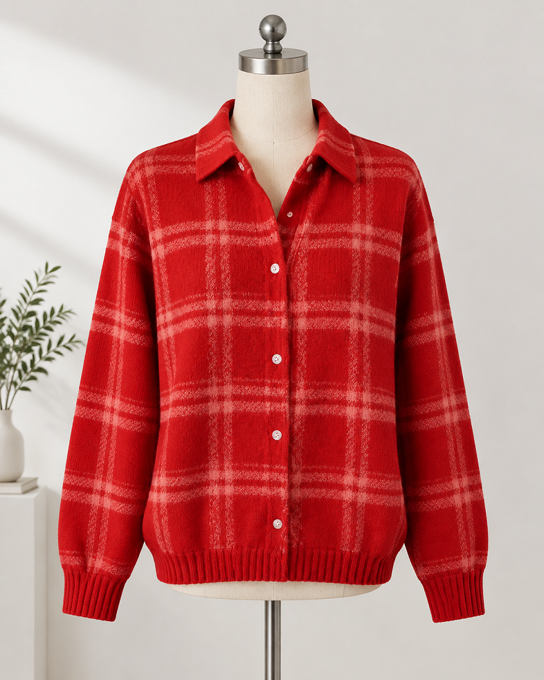 Rote Damenstrickjacke im Karomuster