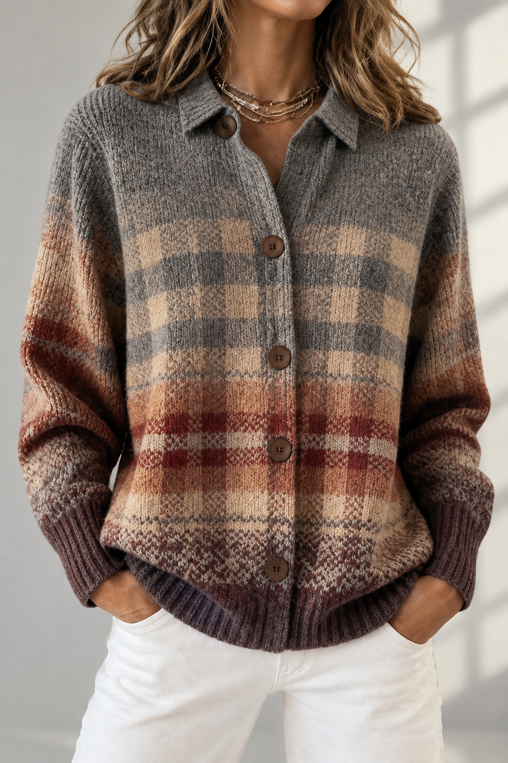 Herbstzauber Damenstrickjacke im Grau-Rost-Karo