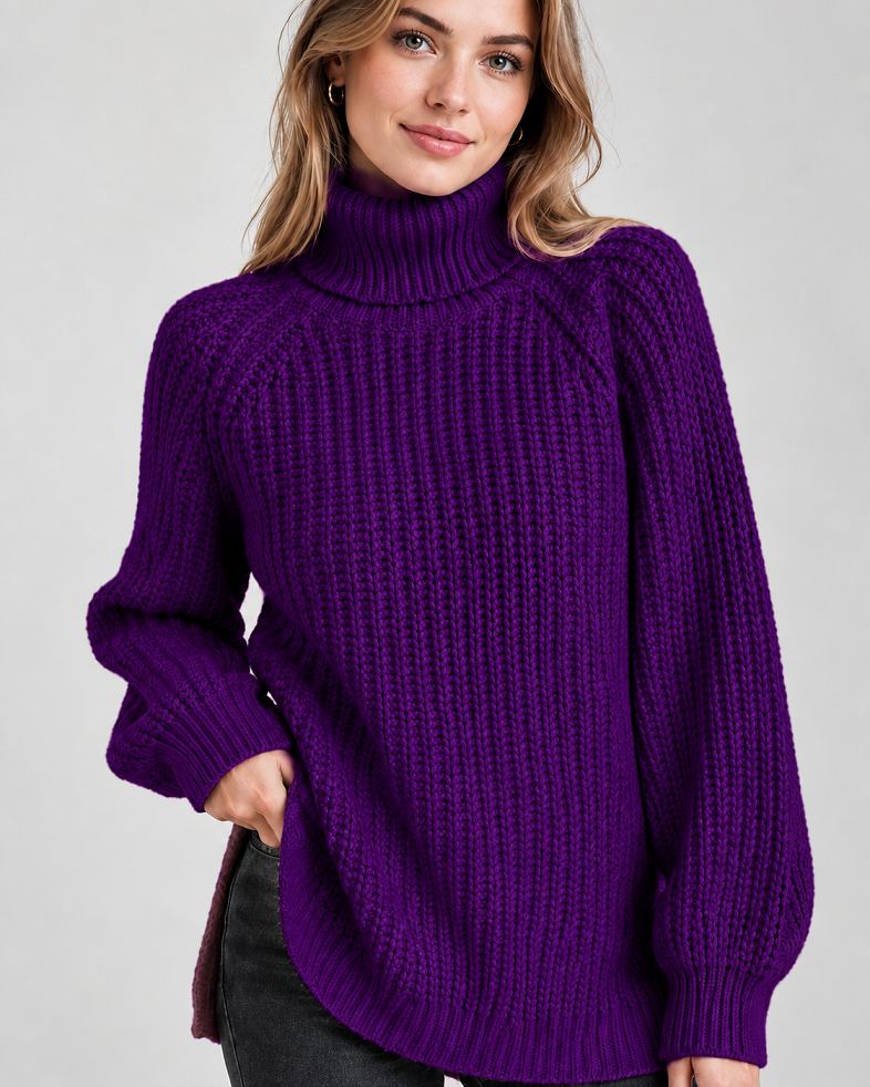 Klassischer Damen-Rollkragenpullover mit Rippstrick | Lila