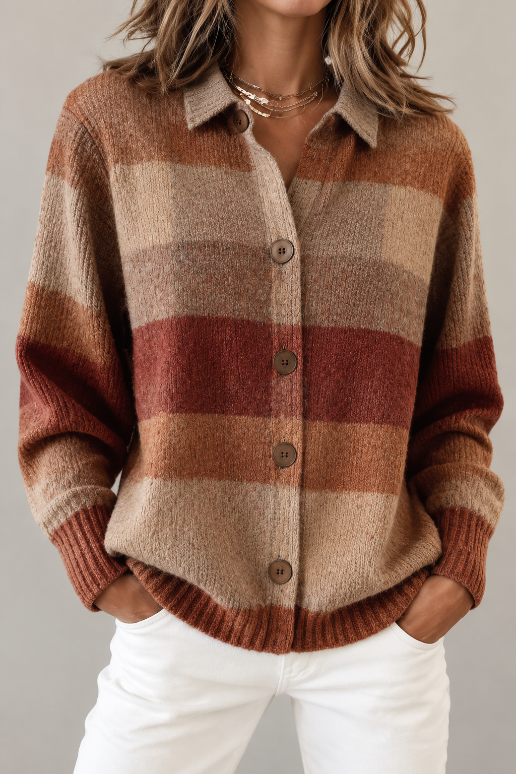 Herbstwärme Damenstrickjacke im Rost-Karo