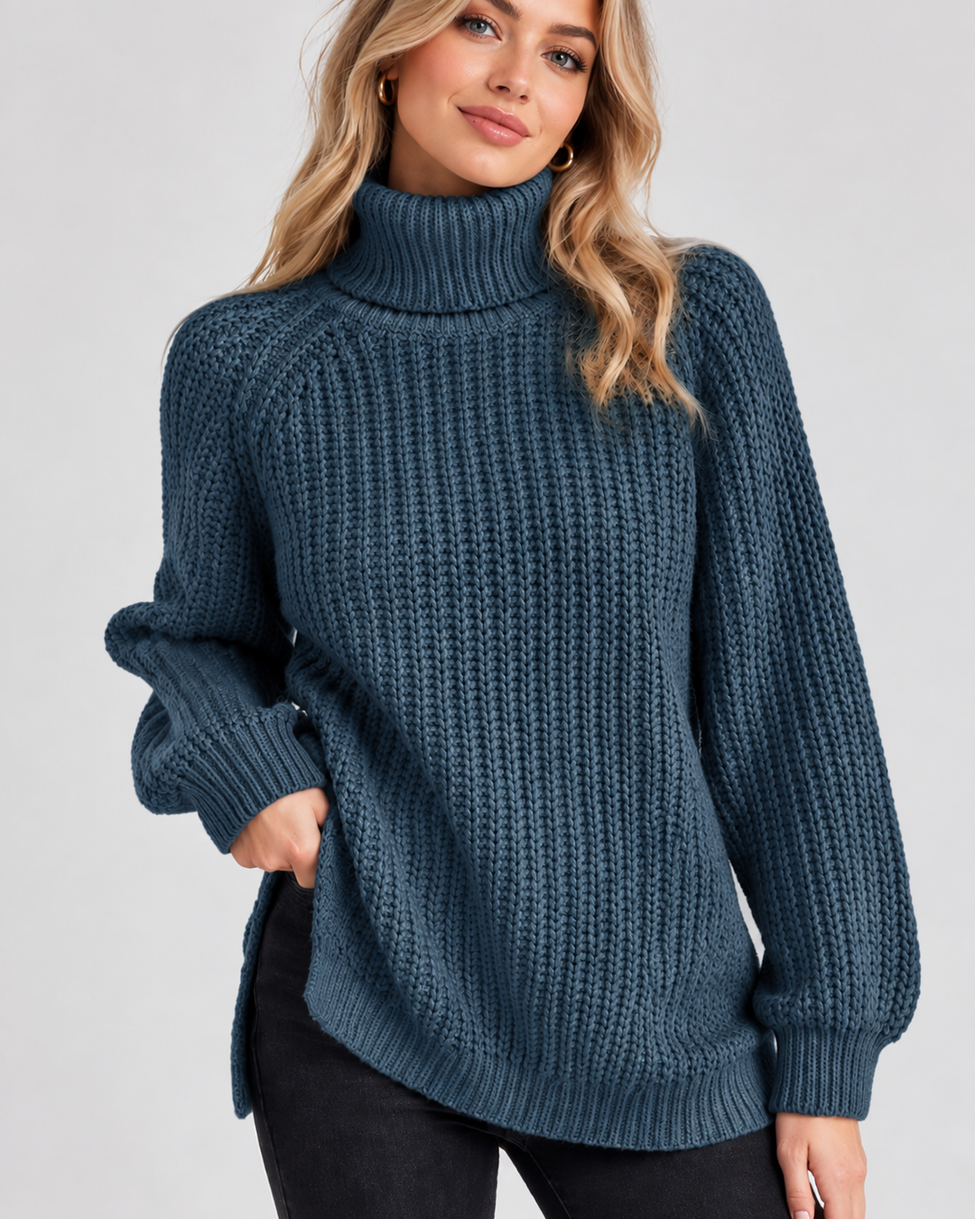 Klassischer Damen-Rollkragenpullover mit Rippstrick | Graublau
